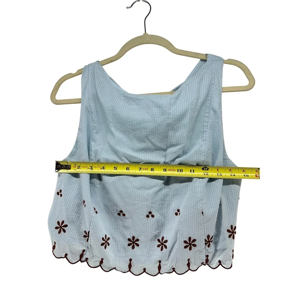 Free People Celestial Blue Seersucker Embroidered Tie Back Crop Top L - Picture 3 of 10